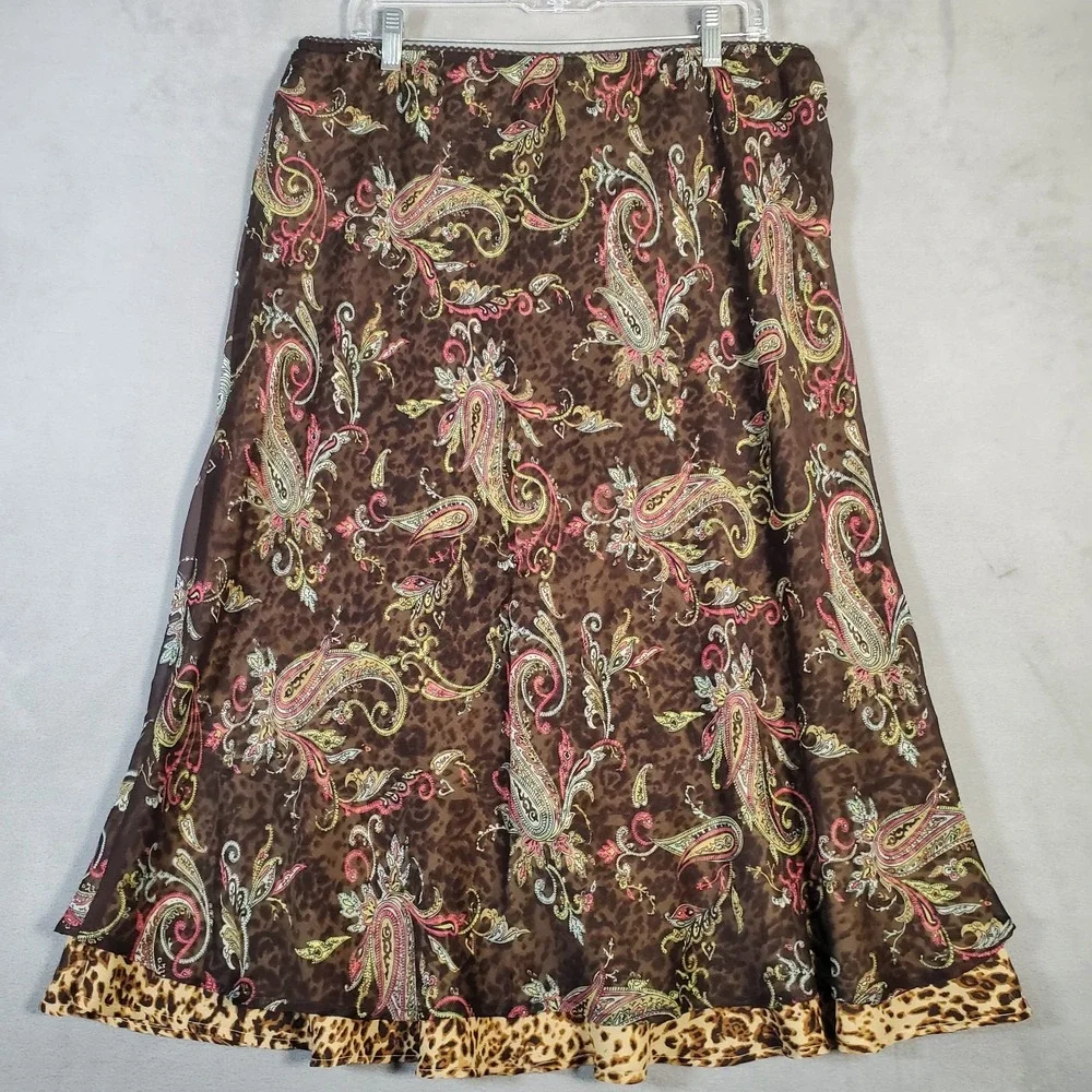 Style & Co Skirt Womens 16 Brown Paisley Animal Print‎ Tiered Earthy Fairycore